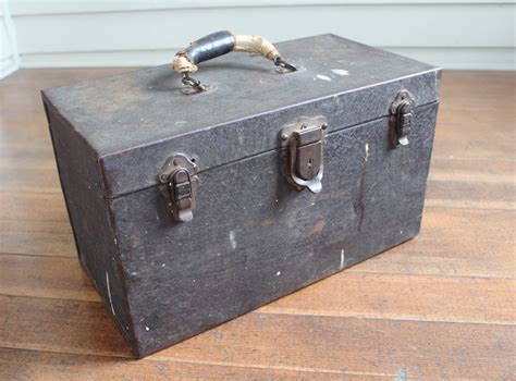 vintage metal tool box with leather habdle|vintage leather tool box for sale .